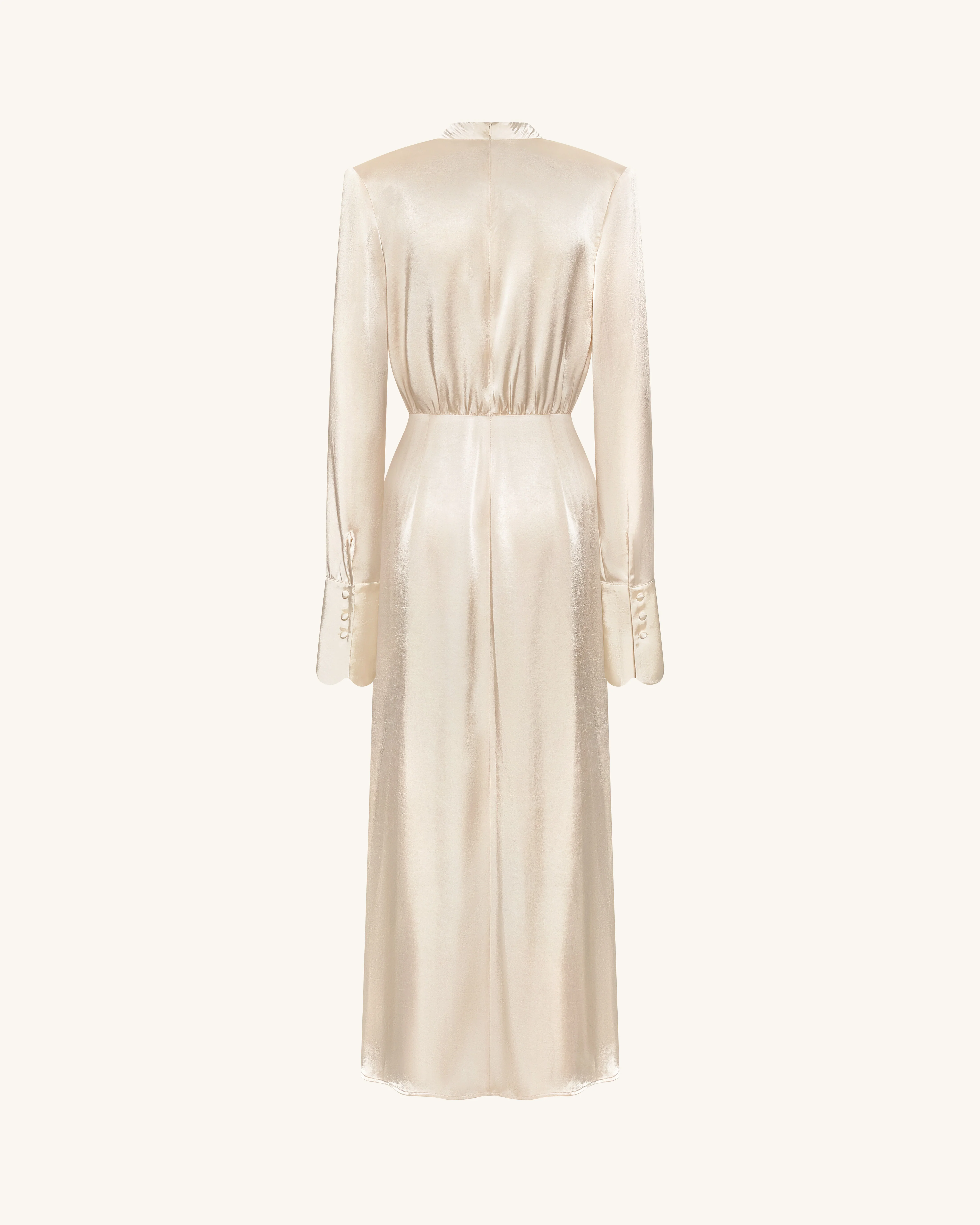 Structured Shoulder Design Satin High-Neck Fitted Maxi Dress - Cream - Image 5