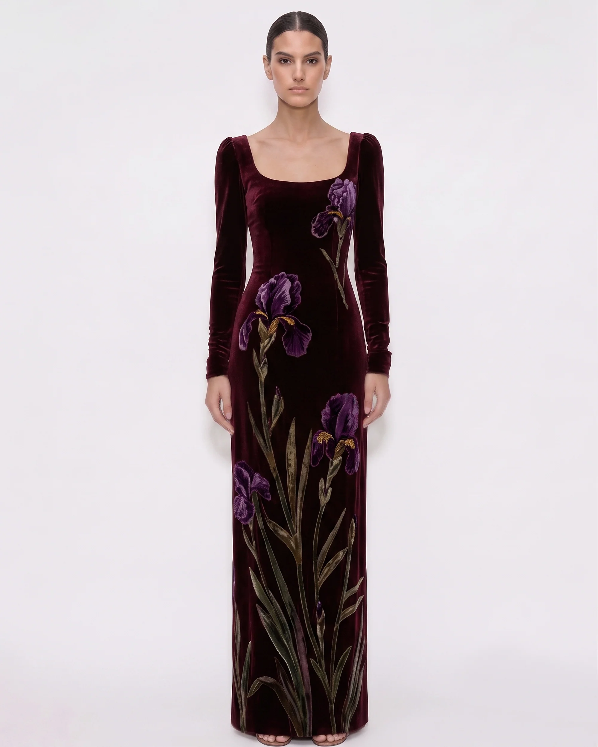 Velvet Iris Print Long Sleeve Maxi Dress - Burgundy