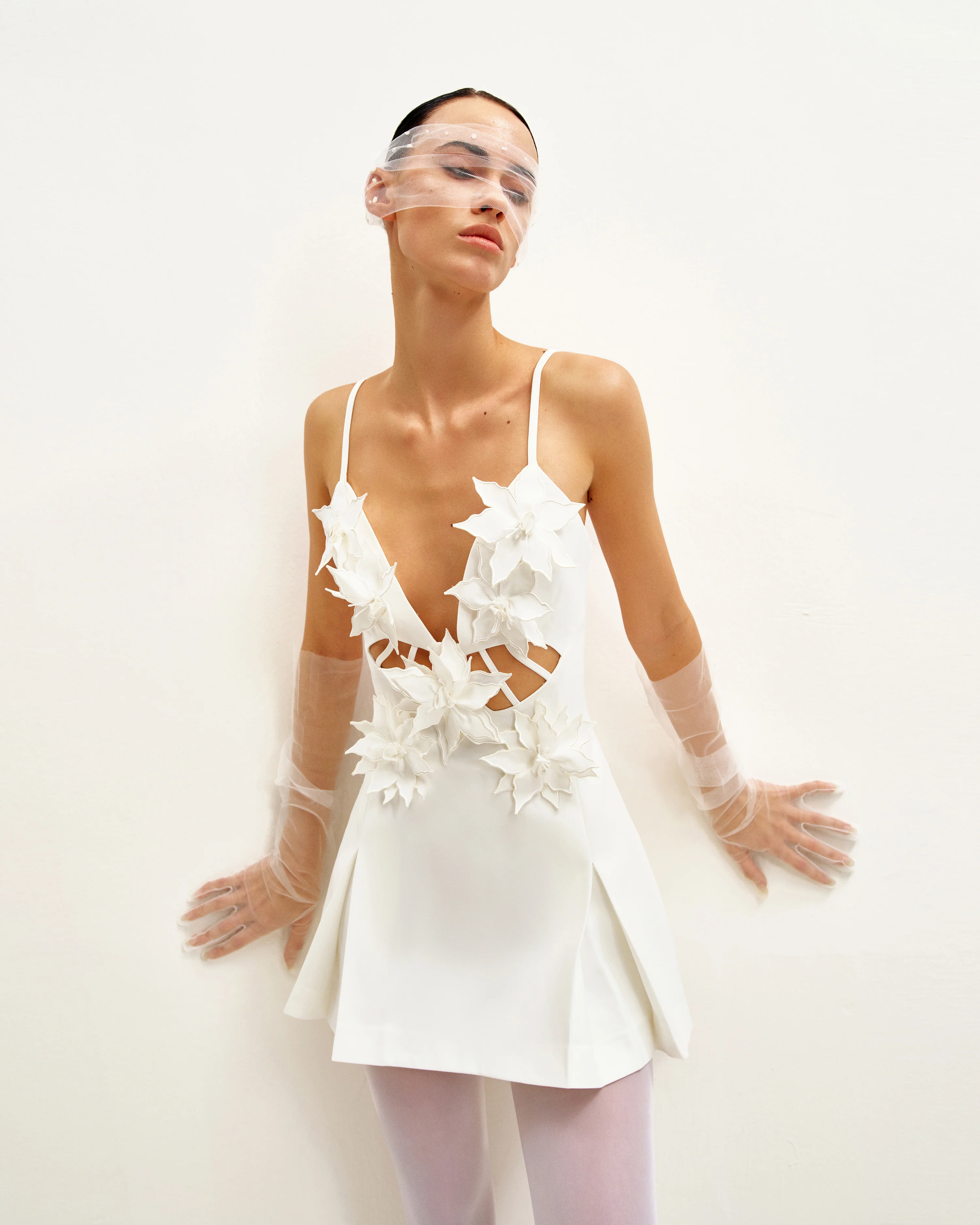 Yuliya White Floral Embellishment V-neckline Mini Dress - White - Image 2