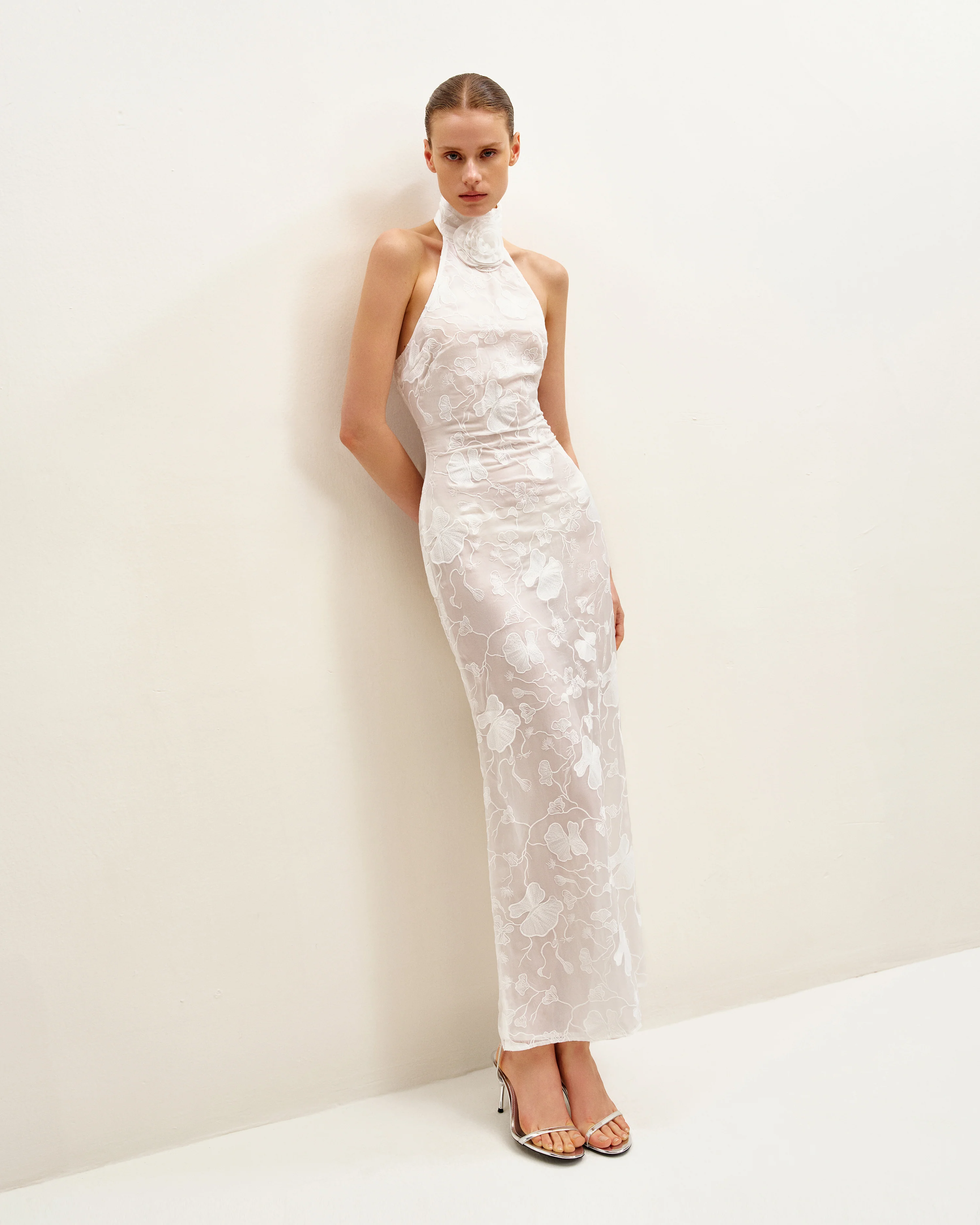 Uliana White Floral Lace Halterneck Maxi Dress - White - Image 2