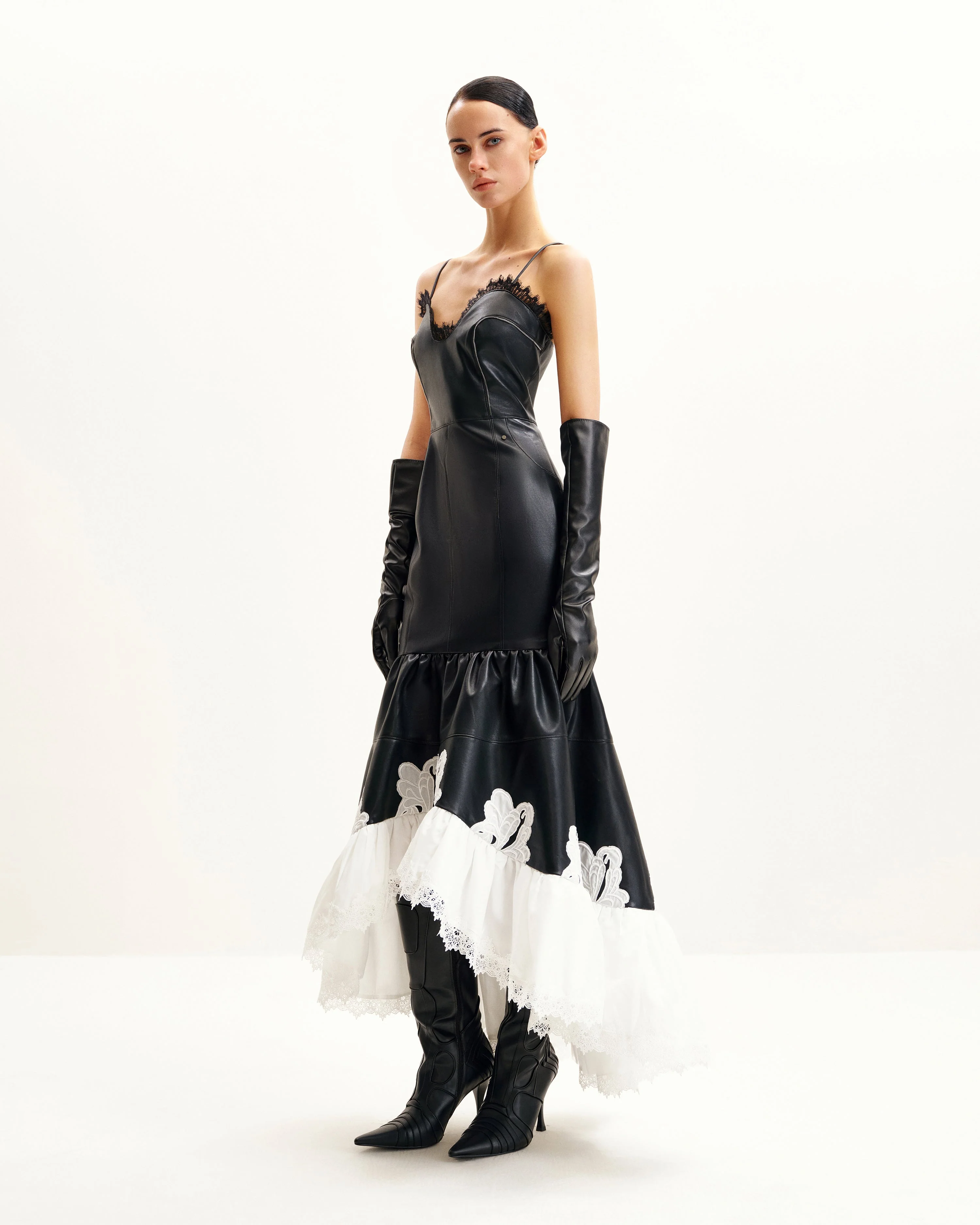 Zora Lace Trim Leather Dress - Black - Image 2